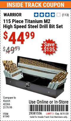 Harbor Freight ITC Coupon 115 PIECE TITANIUM NITRIDE COATED M2 HIGH SPEED STEEL DRILL BIT SET Lot No. 1611/61543 Expired: 8/31/20 - $44.99