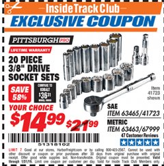 Harbor Freight ITC Coupon 20 PIECE 3/8" DRIVE HIGH VISIBILITY SOCKET SETS Lot No. 63465/41723/67999/63463 Expired: 1/31/19 - $14.99