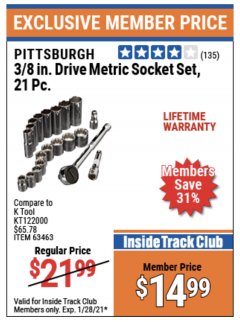 Harbor Freight ITC Coupon 20 PIECE 3/8" DRIVE HIGH VISIBILITY SOCKET SETS Lot No. 63465/41723/67999/63463 Expired: 1/28/21 - $14.99