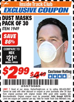 Harbor Freight ITC Coupon DUST MASKS PACK OF 30 Lot No. 1949 Expired: 8/31/18 - $2.99