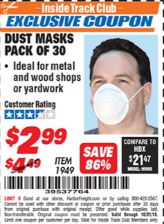 Harbor Freight ITC Coupon DUST MASKS PACK OF 30 Lot No. 1949 Expired: 10/31/18 - $2.99
