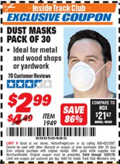 Harbor Freight ITC Coupon DUST MASKS PACK OF 30 Lot No. 1949 Expired: 12/31/18 - $2.99