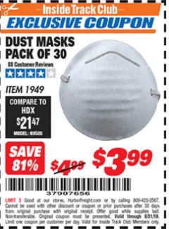Harbor Freight ITC Coupon DUST MASKS PACK OF 30 Lot No. 1949 Expired: 8/31/19 - $3.99