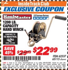 Harbor Freight ITC Coupon 1200 LB. CAPACITY HAND WINCH Lot No. 62537/65115 Expired: 5/31/19 - $22.99