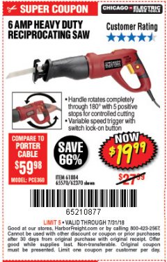 Harbor Freight Coupon RECIPROCATING SAW WITH ROTATING HANDLE Lot No. 65570/61884/62370 Expired: 7/31/18 - $19.99