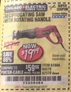 Harbor Freight Coupon RECIPROCATING SAW WITH ROTATING HANDLE Lot No. 65570/61884/62370 Expired: 2/5/19 - $19.99