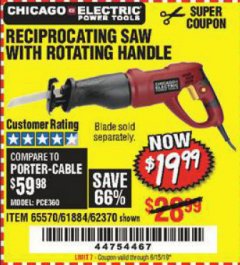 Harbor Freight Coupon RECIPROCATING SAW WITH ROTATING HANDLE Lot No. 65570/61884/62370 Expired: 6/15/19 - $19.99
