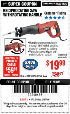 Harbor Freight Coupon RECIPROCATING SAW WITH ROTATING HANDLE Lot No. 65570/61884/62370 Expired: 3/17/19 - $19.99