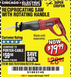 Harbor Freight Coupon RECIPROCATING SAW WITH ROTATING HANDLE Lot No. 65570/61884/62370 Expired: 7/19/19 - $19.99