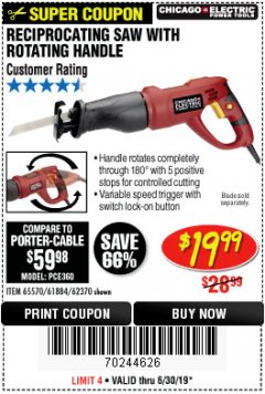 Harbor Freight Coupon RECIPROCATING SAW WITH ROTATING HANDLE Lot No. 65570/61884/62370 Expired: 6/30/19 - $19.99