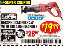 Harbor Freight Coupon RECIPROCATING SAW WITH ROTATING HANDLE Lot No. 65570/61884/62370 Expired: 7/31/19 - $19.99