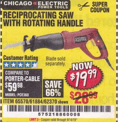 Harbor Freight Coupon RECIPROCATING SAW WITH ROTATING HANDLE Lot No. 65570/61884/62370 Expired: 9/14/19 - $19.99