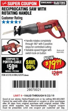 Harbor Freight Coupon RECIPROCATING SAW WITH ROTATING HANDLE Lot No. 65570/61884/62370 Expired: 9/22/19 - $19.99