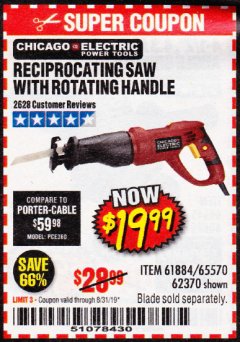 Harbor Freight Coupon RECIPROCATING SAW WITH ROTATING HANDLE Lot No. 65570/61884/62370 Expired: 8/31/19 - $19.99