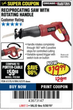 Harbor Freight Coupon RECIPROCATING SAW WITH ROTATING HANDLE Lot No. 65570/61884/62370 Expired: 9/30/19 - $19.99