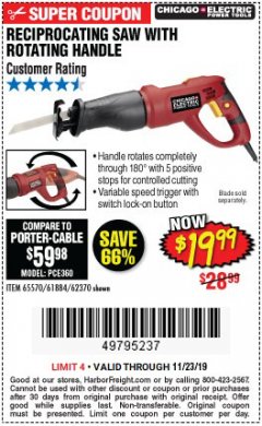 Harbor Freight Coupon RECIPROCATING SAW WITH ROTATING HANDLE Lot No. 65570/61884/62370 Expired: 11/23/19 - $19.99