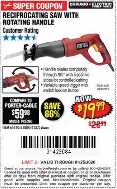 Harbor Freight Coupon RECIPROCATING SAW WITH ROTATING HANDLE Lot No. 65570/61884/62370 Expired: 1/25/20 - $19.99
