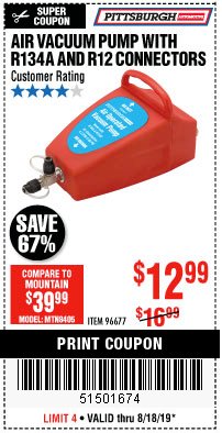 Harbor Freight Coupon AIR VACUUM PUMP WITH R134A AND R12 CONNECTORS Lot No. 96677 Expired: 8/18/19 - $12.99