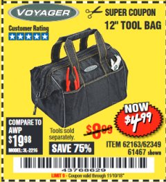 Harbor Freight Coupon 12" TOOL BAG Lot No. 61467/62163/62349 Expired: 11/10/18 - $4.99