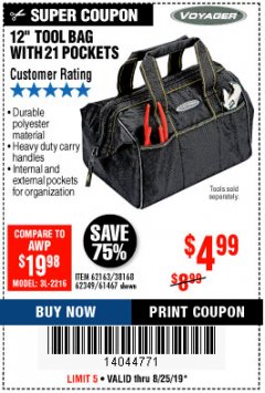 Harbor Freight Coupon 12" TOOL BAG Lot No. 61467/62163/62349 Expired: 8/25/19 - $4.99
