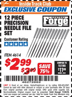 Harbor Freight ITC Coupon 12 PIECE PRECISION NEEDLE FILE SET Lot No. 4614 Expired: 11/30/18 - $2.99