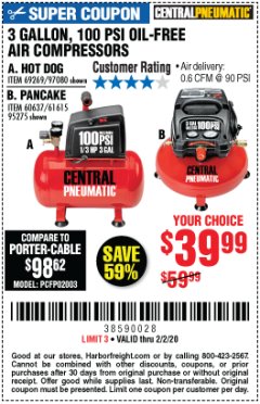 Harbor Freight Coupon 3 GALLON 100 PSI OILLESS HOT DOG STYLE AIR COMPRESSOR Lot No. 97080/69269 Expired: 2/2/20 - $39.99