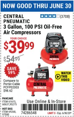 Harbor Freight Coupon 3 GALLON 100 PSI OILLESS HOT DOG STYLE AIR COMPRESSOR Lot No. 97080/69269 Expired: 6/30/20 - $39.99