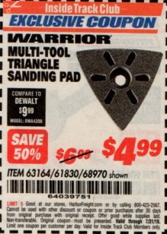 Harbor Freight ITC Coupon MULTI-TOOL TRIANGLE SANDING PAD Lot No. 61830/68970 Expired: 7/31/19 - $4.99