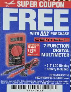 Harbor Freight FREE Coupon 7 FUNCTION DIGITAL MULTIMETER Lot No. 30756 Expired: 8/23/18 - FWP