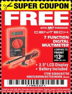 Harbor Freight FREE Coupon 7 FUNCTION DIGITAL MULTIMETER Lot No. 30756 Expired: 9/18/18 - FWP