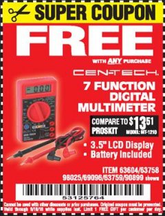 Harbor Freight FREE Coupon 7 FUNCTION DIGITAL MULTIMETER Lot No. 30756 Expired: 9/10/18 - FWP