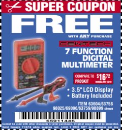 Harbor Freight FREE Coupon 7 FUNCTION DIGITAL MULTIMETER Lot No. 30756 Expired: 11/3/18 - FWP