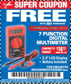 Harbor Freight FREE Coupon 7 FUNCTION DIGITAL MULTIMETER Lot No. 30756 Expired: 11/13/18 - FWP
