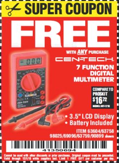 Harbor Freight FREE Coupon 7 FUNCTION DIGITAL MULTIMETER Lot No. 30756 Expired: 12/1/18 - FWP