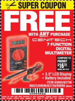 Harbor Freight FREE Coupon 7 FUNCTION DIGITAL MULTIMETER Lot No. 30756 Expired: 12/9/18 - FWP