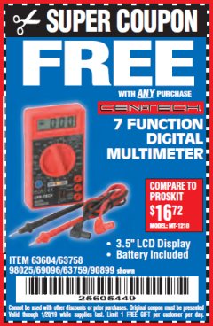 Harbor Freight FREE Coupon 7 FUNCTION DIGITAL MULTIMETER Lot No. 30756 Expired: 1/20/19 - FWP