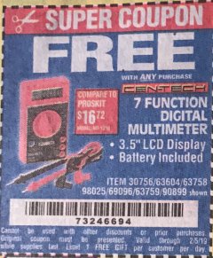 Harbor Freight FREE Coupon 7 FUNCTION DIGITAL MULTIMETER Lot No. 30756 Expired: 2/5/19 - FWP
