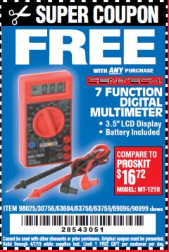 Harbor Freight FREE Coupon 7 FUNCTION DIGITAL MULTIMETER Lot No. 30756 Expired: 4/7/19 - FWP
