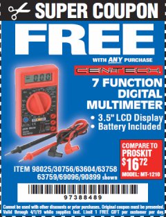 Harbor Freight FREE Coupon 7 FUNCTION DIGITAL MULTIMETER Lot No. 30756 Expired: 4/1/19 - FWP
