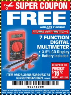 Harbor Freight FREE Coupon 7 FUNCTION DIGITAL MULTIMETER Lot No. 30756 Expired: 5/1/19 - FWP