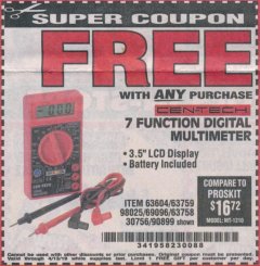 Harbor Freight FREE Coupon 7 FUNCTION DIGITAL MULTIMETER Lot No. 30756 Expired: 4/13/19 - FWP