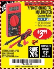 Harbor Freight Coupon 7 FUNCTION DIGITAL MULTIMETER Lot No. 30756 Expired: 7/24/18 - $3.99