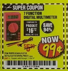 Harbor Freight Coupon 7 FUNCTION DIGITAL MULTIMETER Lot No. 30756 Expired: 11/30/18 - $0.99