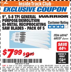 Harbor Freight ITC Coupon 5 PIECE, 9" 5-8 TPI DEMOLITION BI-METAL RECIPROCATING SAW BLADES Lot No. 68037/68947 Expired: 11/30/18 - $7.99