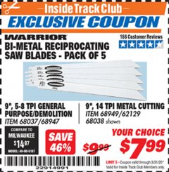 Harbor Freight ITC Coupon 5 PIECE, 9" 5-8 TPI DEMOLITION BI-METAL RECIPROCATING SAW BLADES Lot No. 68037/68947 Expired: 3/31/20 - $7.99