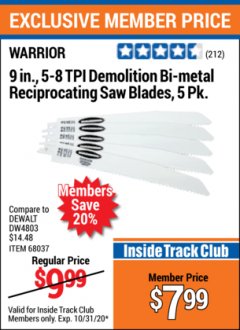 Harbor Freight ITC Coupon 5 PIECE, 9" 5-8 TPI DEMOLITION BI-METAL RECIPROCATING SAW BLADES Lot No. 68037/68947 Expired: 10/31/20 - $7.99