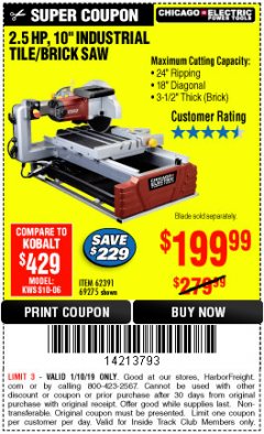 Harbor Freight ITC Coupon 2.5 HP, 10" TILE/BRICK SAW Lot No. 69275/62391/95385 Expired: 1/10/19 - $199.99
