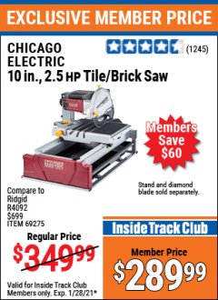 Harbor Freight ITC Coupon 2.5 HP, 10" TILE/BRICK SAW Lot No. 69275/62391/95385 Expired: 1/28/21 - $289.99