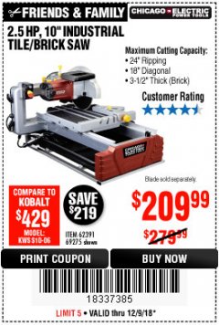 Harbor Freight Coupon 2.5 HP, 10" TILE/BRICK SAW Lot No. 69275/62391/95385 Expired: 12/9/18 - $209.99