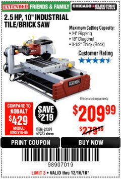 Harbor Freight Coupon 2.5 HP, 10" TILE/BRICK SAW Lot No. 69275/62391/95385 Expired: 12/16/18 - $209.99